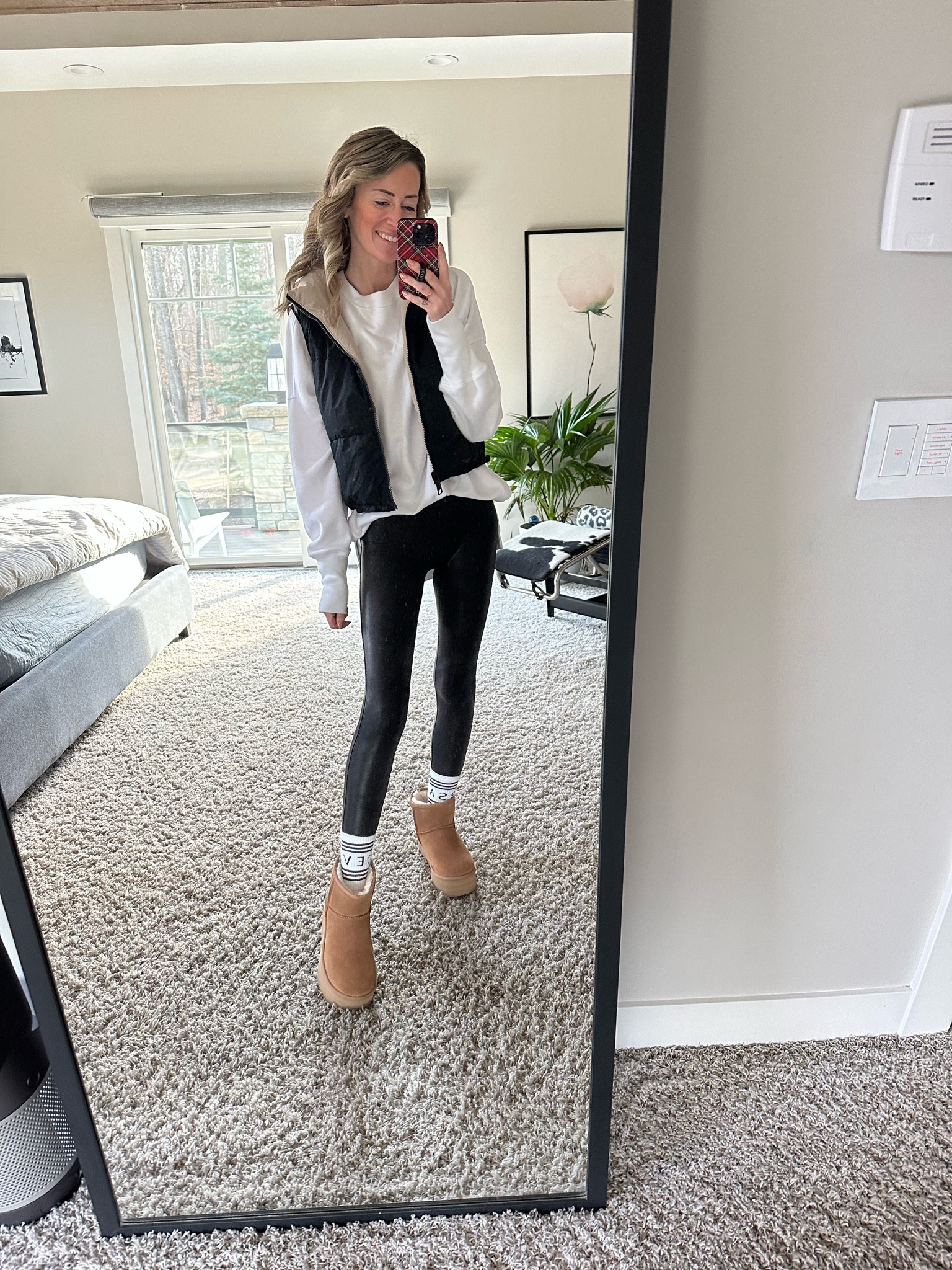 Cold weather winter outfit 
Socks and Ugg platform boots 
Spanx faux leather leggings  