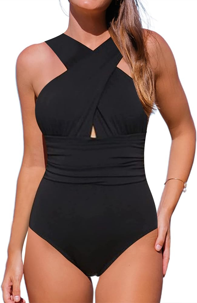 Hilinker Sexy One Piece Bathing Suit for Women Tummy Control Front Crossover Swimsuit | Amazon (US)