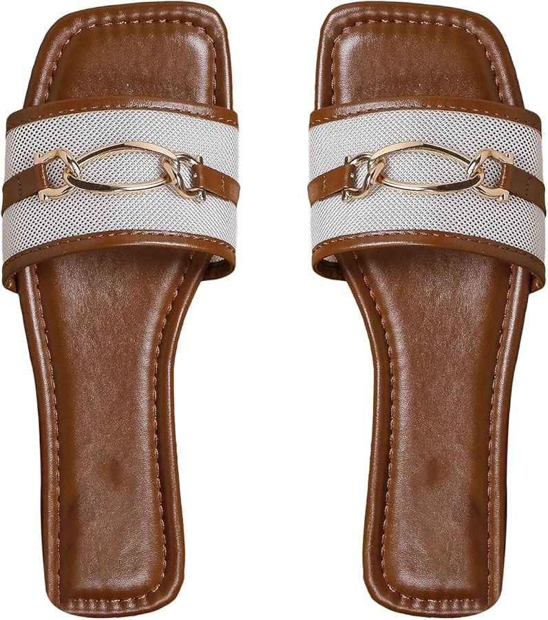 OYOANGLE Women's Pu Leather Metal Decor Open Toe Slide Sandal Summer Beach Flat Sandals | Amazon (US)