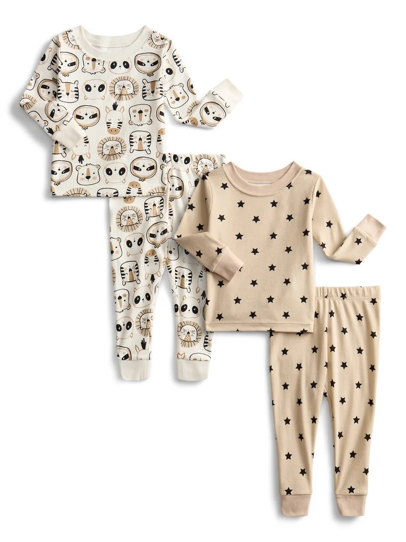 Wonder Nation Toddler Boys or Girls Cotton Snug Fit Long Sleeve Pajama Top and Pants Set, 4-Piece... | Walmart (US)