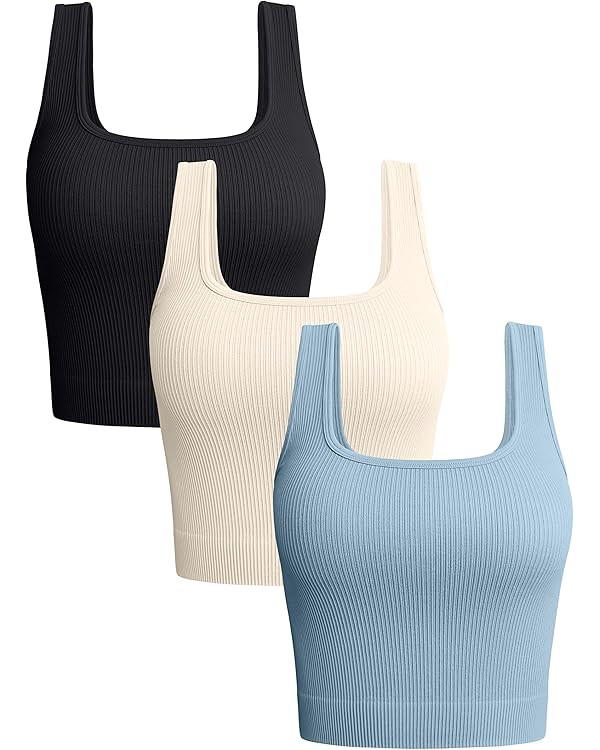 OQQ Women's 3 Piece Tank Tops Ribbed Seamless Workout Exercise Shirts Yoga Crop Tops | Amazon (US)