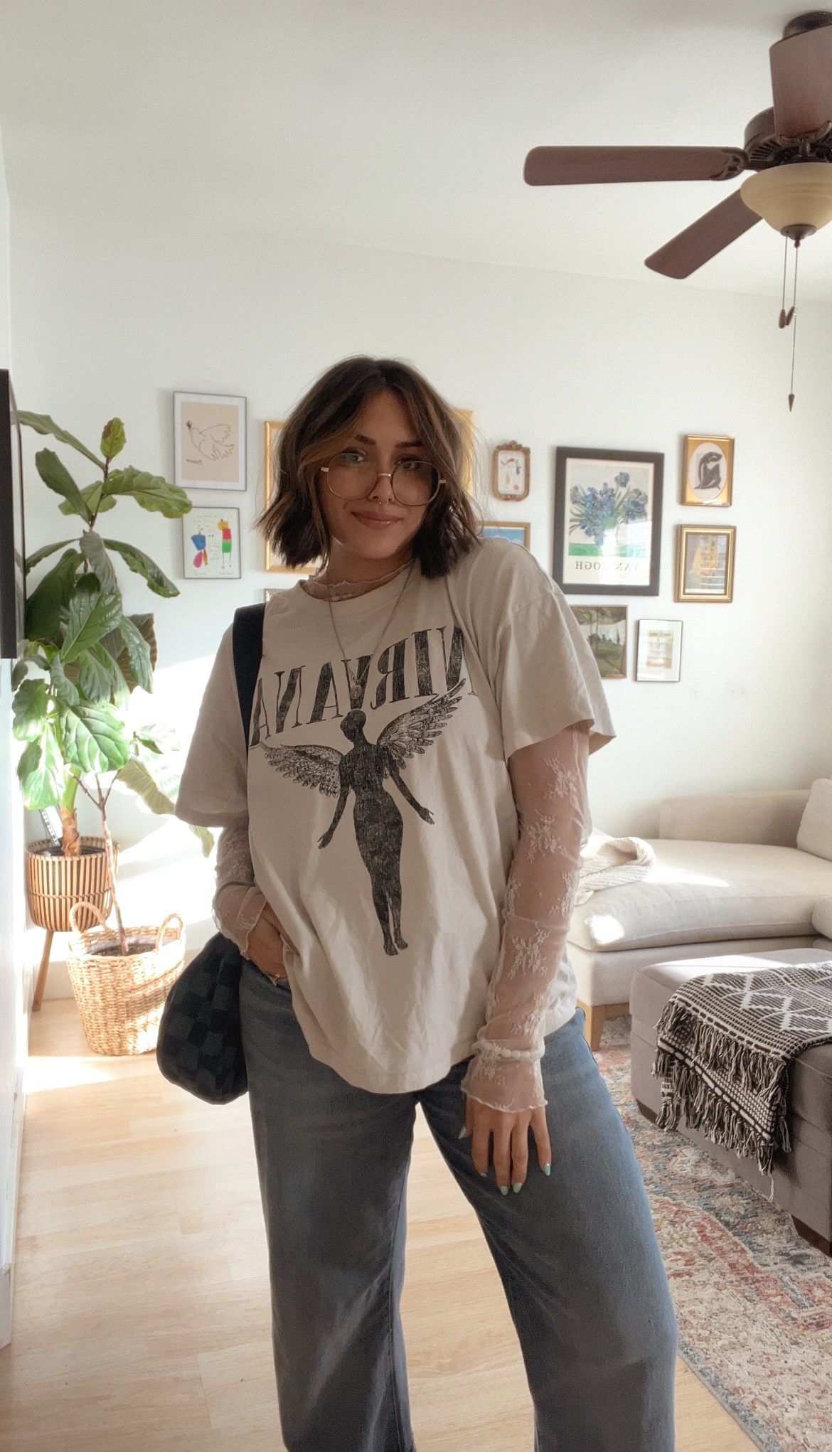 casual oversized t-shirt with lace mock neck underneath! love this look for spring. the exact tee i’m wearing is sold out but found some similar options!