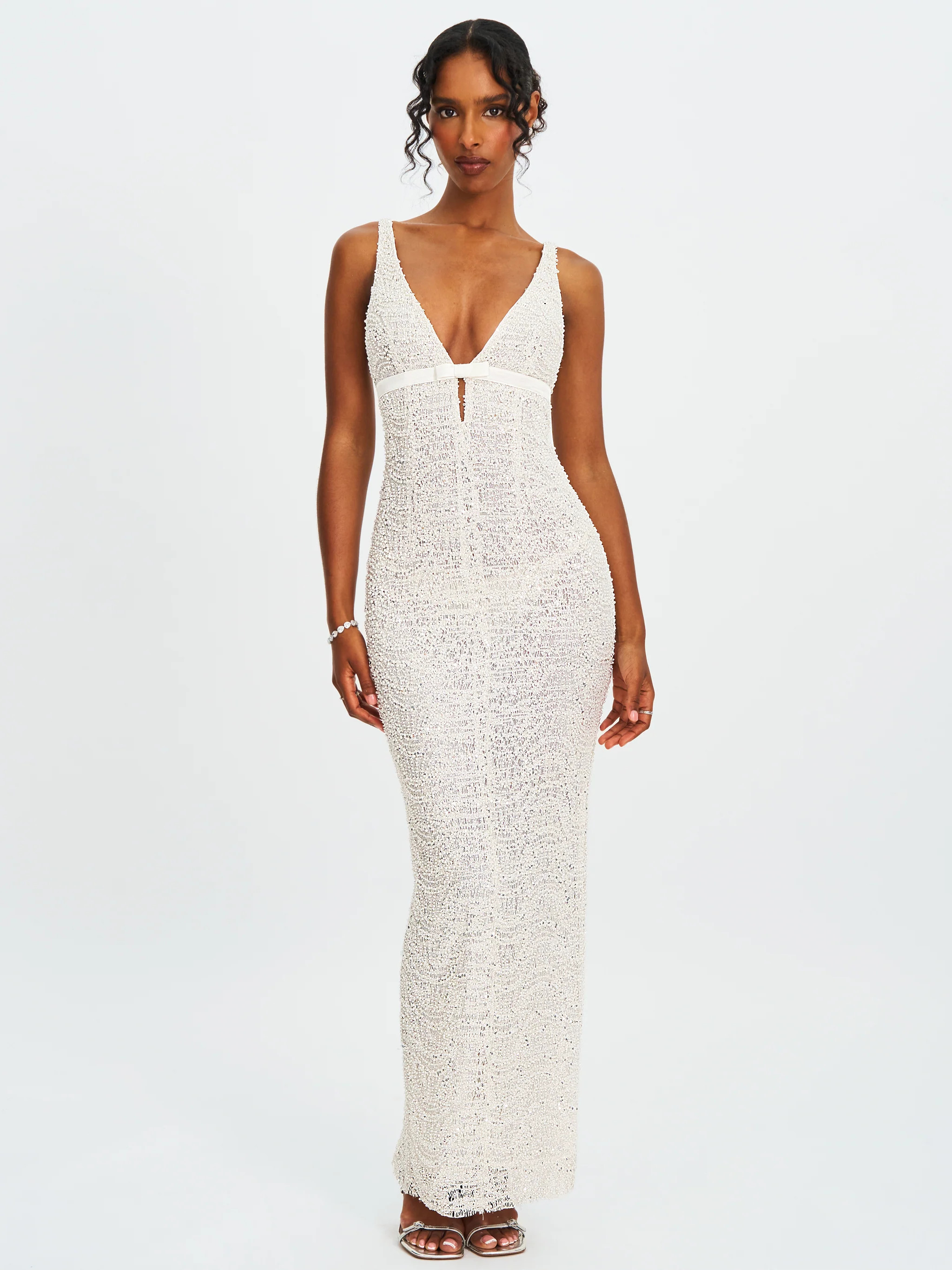 Adelaide White Beaded Sequin Net Bodycon Gown | Miss Circle