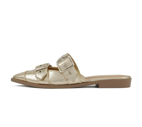 Soda Usual ~ Women Pointed Toe Slip-On Low Heel Mule with Buckle Straps (Gold Pu, 6) | Amazon (US)