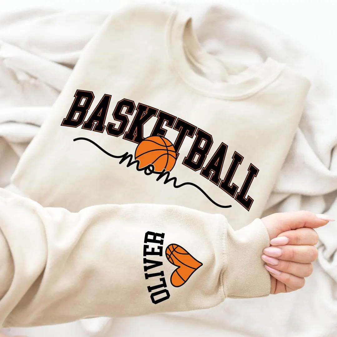 Basketball Mom Kids Name on Sleeve Sweatshirt, Basketball Mom Sweatshirt, Basketball Game Day, Ba... | Etsy (US)