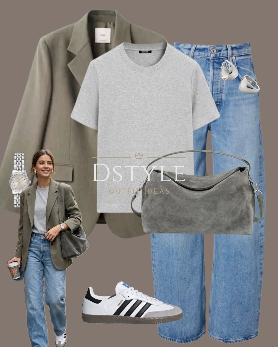 Sunday morning errands, but make it fashion ☕️👟 Sage green blazer meets grey basics and classic Sambas for the ultimate "cool girl" outfit.
Tags: Adidas Samba, Sage Green, Oversized Blazer, Casual Chic, Athleisure.

#LTKootd