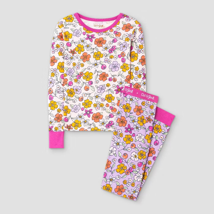 Girls' 2pc Floral Tight Fit Pajama Set - Cat & Jack™ Pink 14 | Target