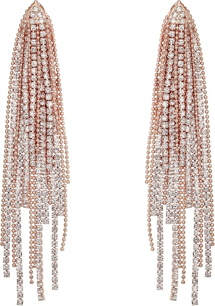 Flyonce Sparkly Rhinestone Chandelier Earrings, Wedding Bridal Crystal Statement Tassel Long Dang... | Amazon (US)