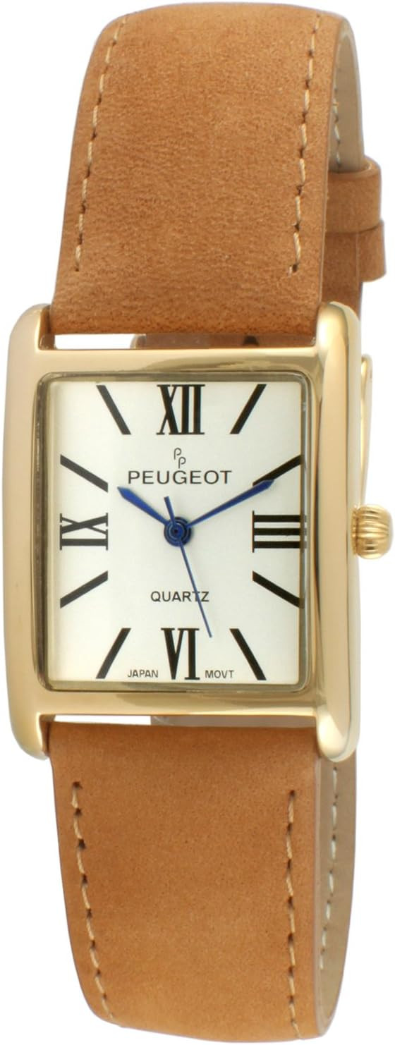 Peugeot Women's 14K Gold Plated Tank Leather Dress Watch with Roman Numerals Dial | Amazon (US)