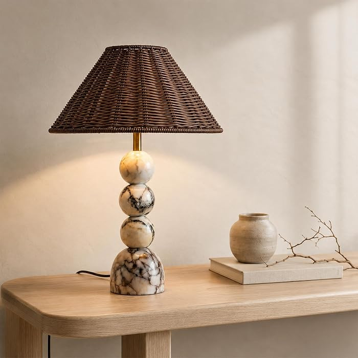 Calacatta Marble Table Lamp with Rattan Shade,20in Boho Stone Lamp | Amazon (US)