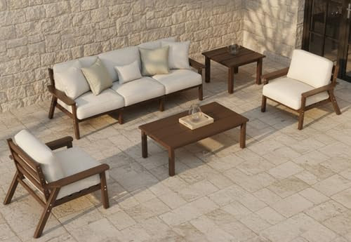 Patio Kingdom 7 Piece Patio Conversation Sets, Outdoor Couch with Washable Thick Beige Cushions, HDPE Patio Furniture Set, Outdoor Sectional Furniture for Backyard, Deck, Lawn, Porch (Brown Frame) | Amazon (US)