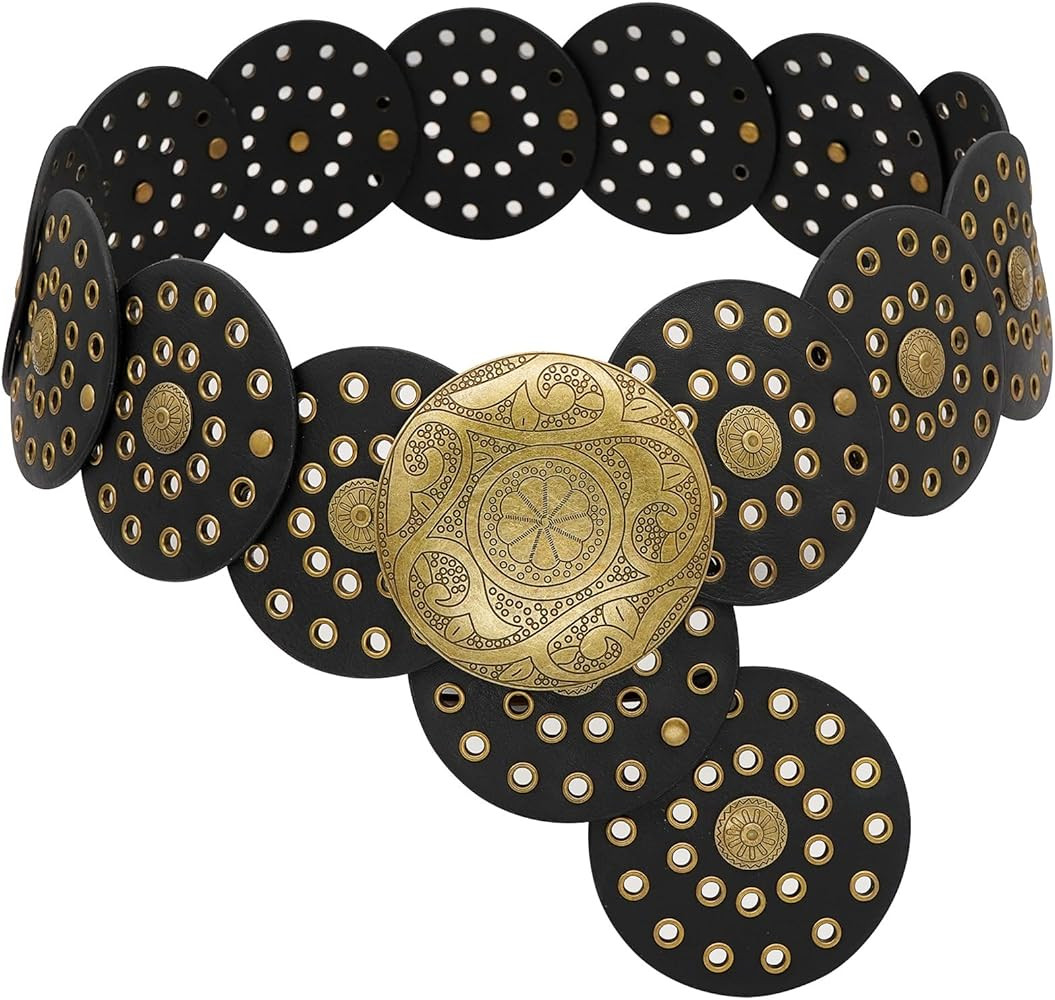 Wide Disc Belt for Women Boho Concho Leather Belts Vintage Western Waist Belt | Amazon (US)