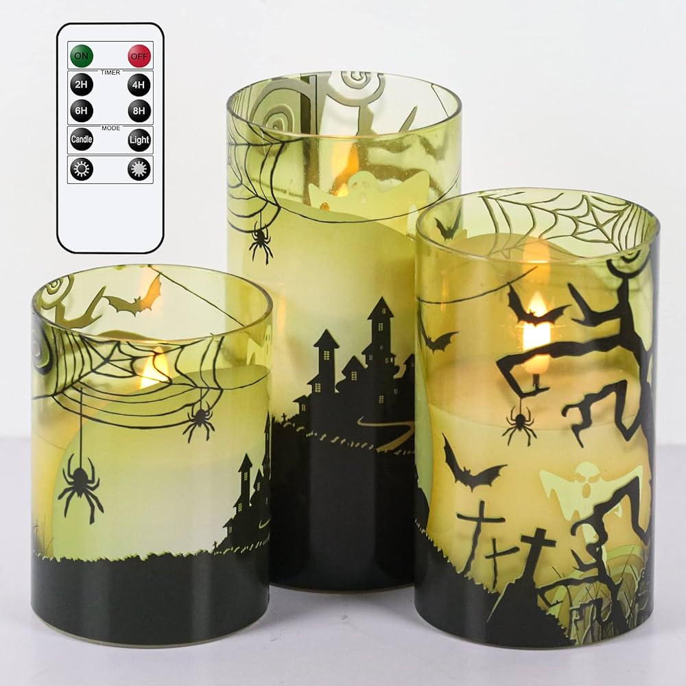 Eldnacele Halloween Flickering Candles with Spider Web, Ghost, Castle Decals, Green Glass Battery... | Amazon (US)