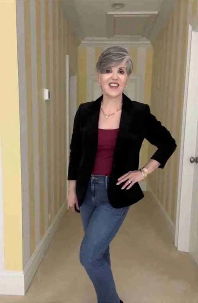 Here’s a great smart casual winter outfit for a date night.  Black velvet jacket over a burgundy tank. Wear this over medium wash jeans and black suede booties. Lastly, add a gold necklace and more gold accessories.
#ltkwinter
#ltkdatenight
#ltkparties
#ltkover50
#ltkunder50
#ltksalealert

#LTKSeasonal #LTKSpringSale #LTKMostLoved