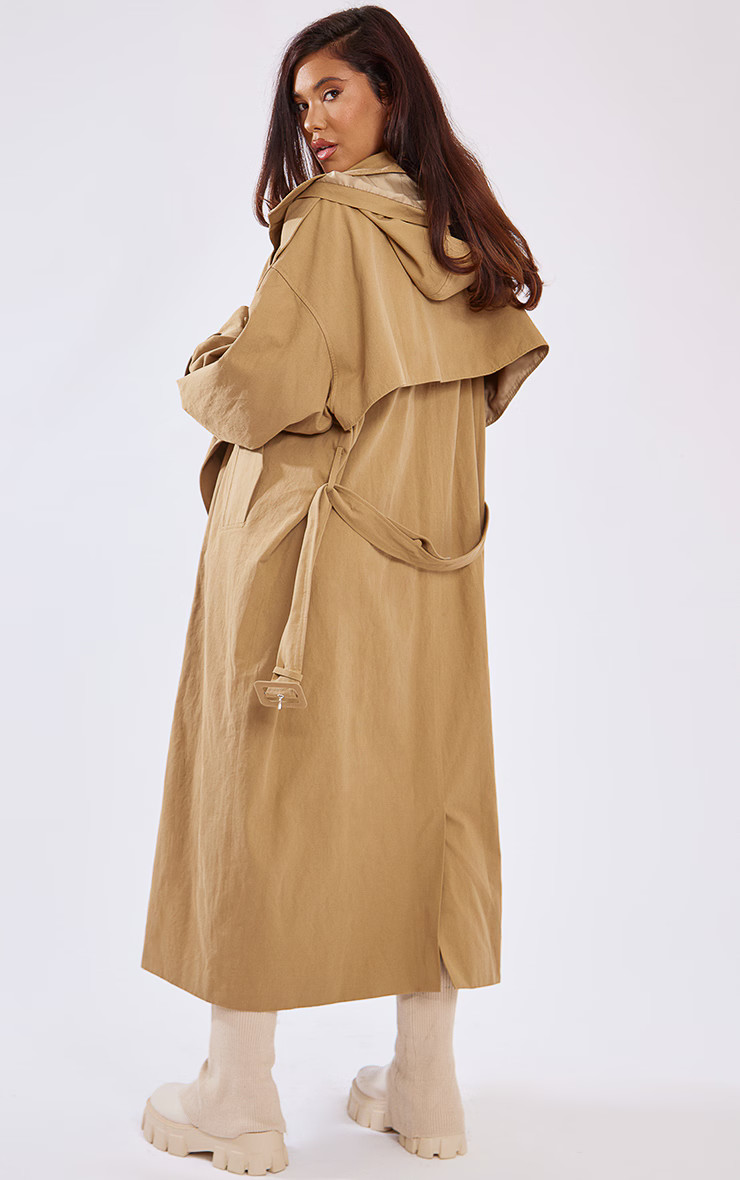 Warm Beige Hooded Oversized Woven Trench Coat | PrettyLittleThing US