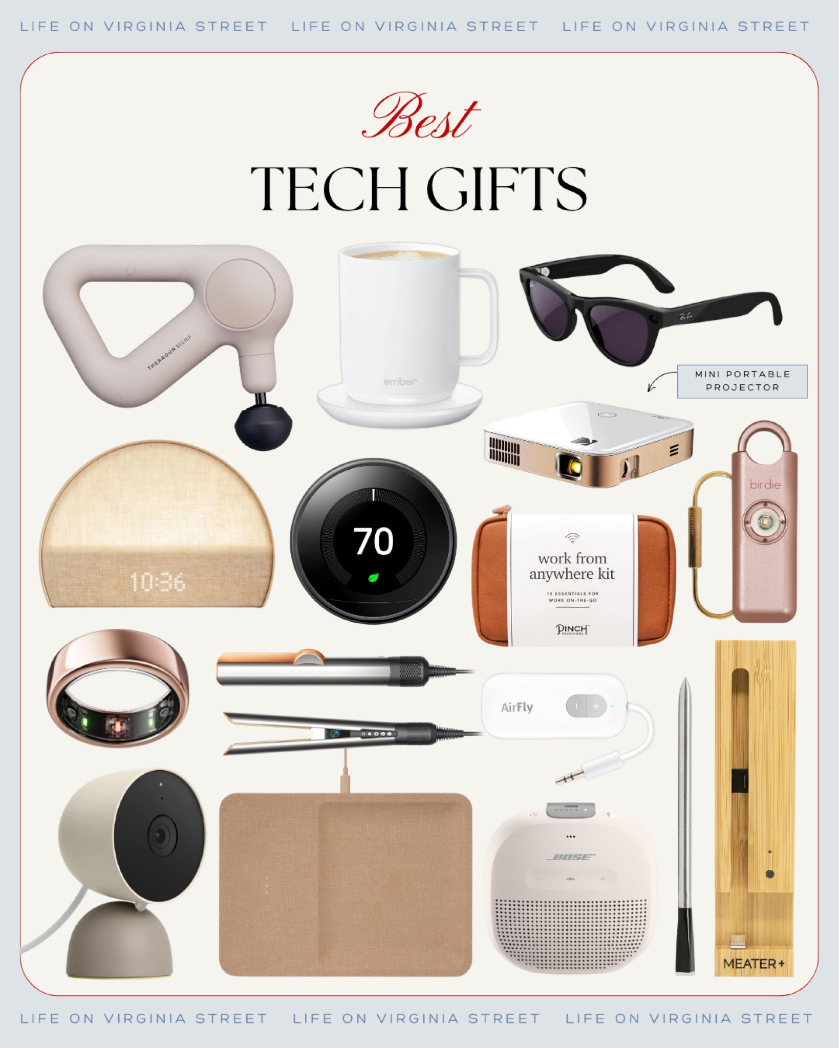 *Most of these are already on Black Friday sales prices* My top picks for the best tech gifts! I have the Meta RayBans on my wishlist (they have bluetooth video capability) and well as the Ember mug warmer! Also love the Oura ring, massager, work from anywhere kit, Dyson straightener, portable speaker, digital meat thermometer and more! #ltkcyberweek #ltkgiftguide #ltkholiday #ltkseasonal #ltksalealert #ltkfindsunder50 #ltkfindsunder100 #ltkmens #ltkfitness #ltktravel 

 

#LTKCyberWeek #LTKGiftGuide #LTKSaleAlert