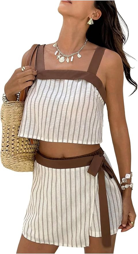 Verdusa Women's 2 Piece Striped Linen Sets Camisole Crop Tops Mini Shorts Sets Summer Casual Boho... | Amazon (US)