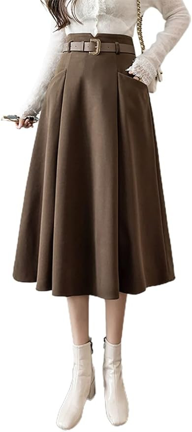 IDEALSANXUN Wool Midi Skirts for Womens High Waisted A Line Pleated Belted Fall Winter Skirts | Amazon (US)