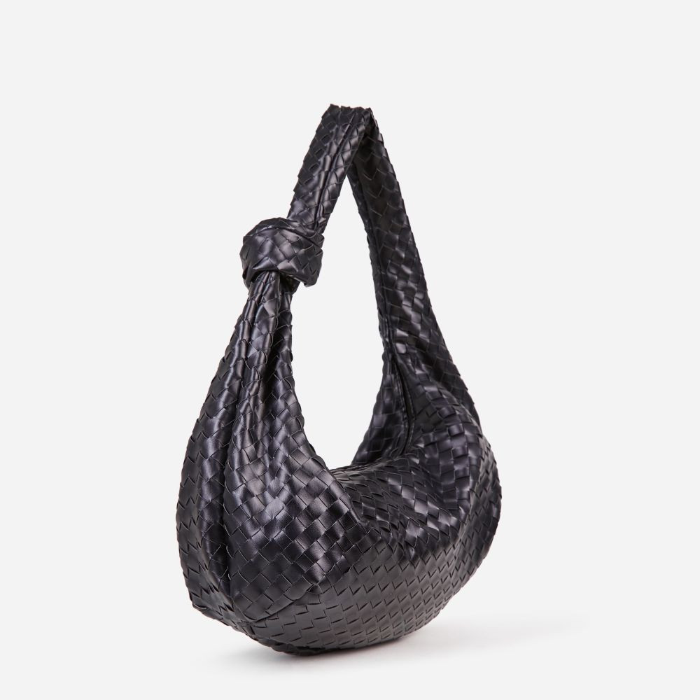 Loreen Woven Knotted Strap Detail Oversized Shoulder Bag In Black Faux Leather | EGO (UK)