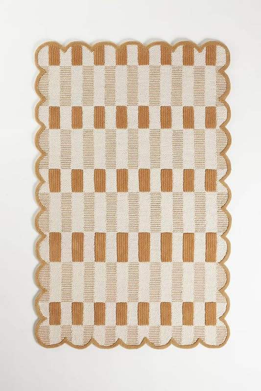 Hand-Tufted Wool Area Rug with Scalloped Edges, Neutral Beige Plaid Pattern, Cozy Soft Accent Rug... | Amazon (US)
