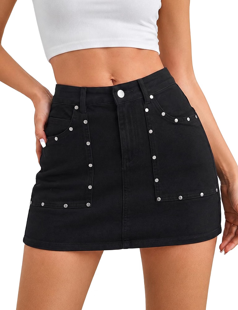 Women's Denim Mini Skirts Mid Rise Rivets Jean Skirts with Pockets | Amazon (US)