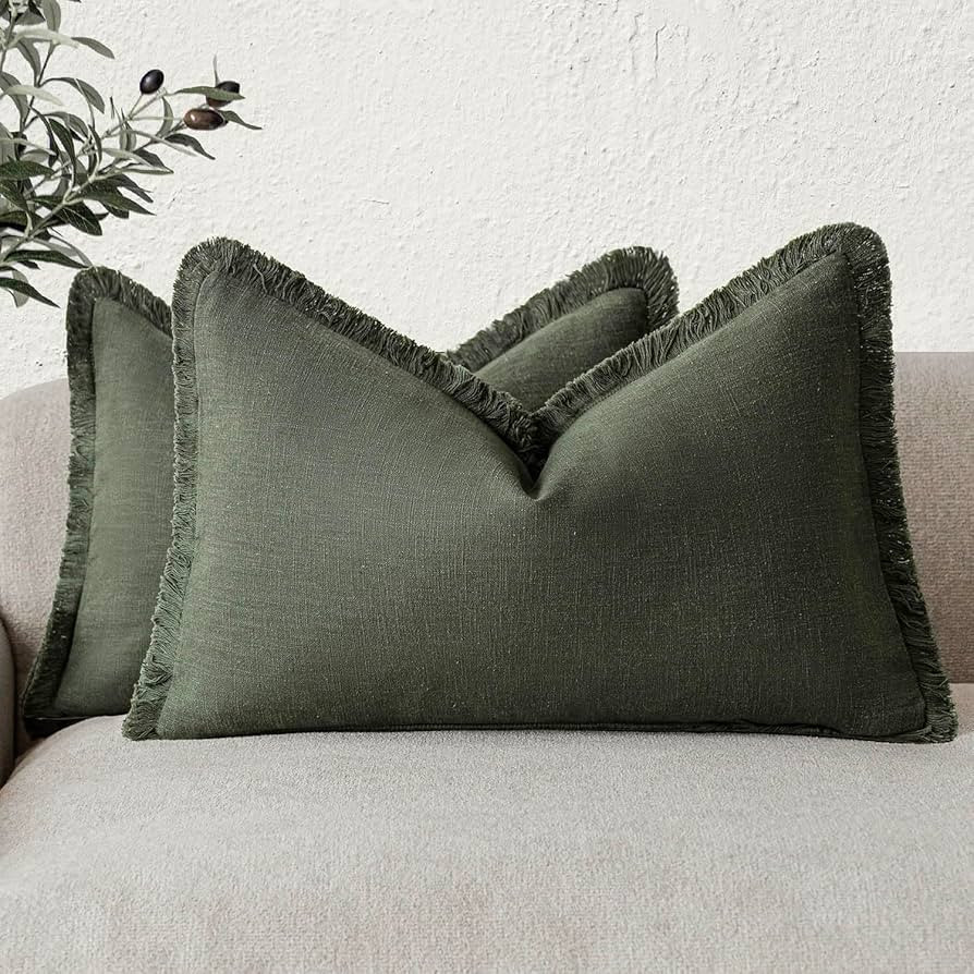 Foindtower Set of 2 Decorative Linen Fringe Lumbar Throw Pillow Covers Boho Farmhouse Cushion Cov... | Amazon (US)