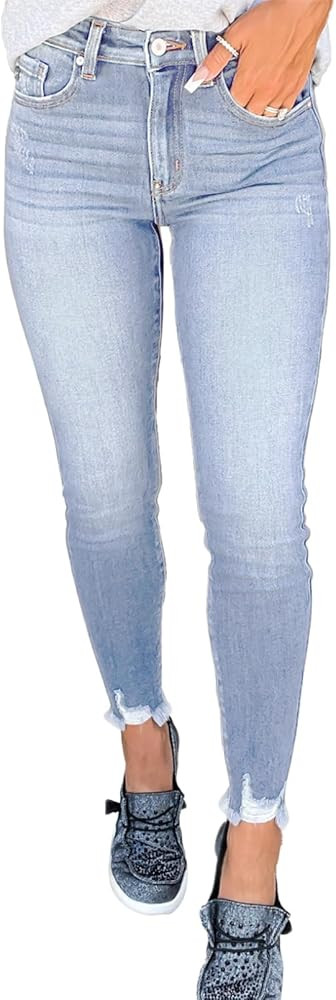 SHEWIN Skinny Raw Hem Jeans for Women High Waisted Stretchy Trendy Slimming Jeggings Ankle Denim ... | Amazon (US)