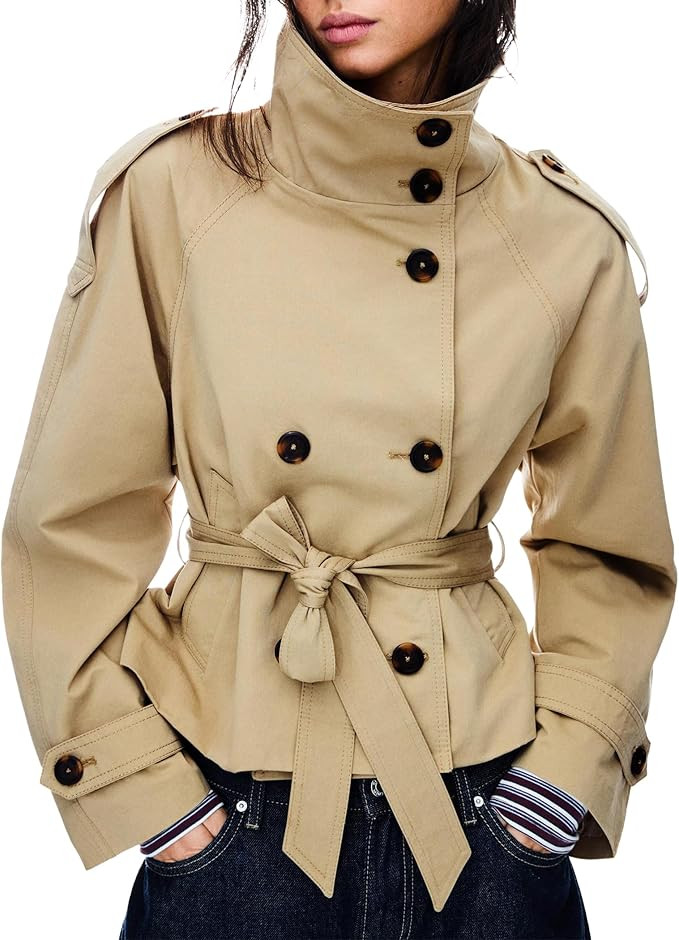 Women's Cropped Trench Coat Double Breasted Short Jacket High Collar Fall Winter Coats Trendy Out... | Amazon (US)