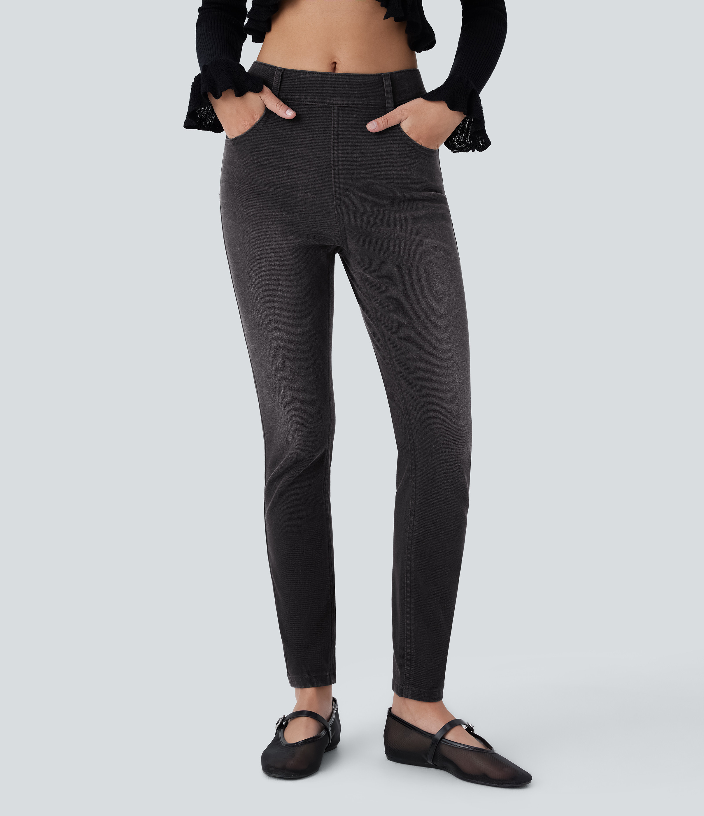 Halara Halara Flex™ Mid Rise Pull On Multiple Pockets Stretchy Knit Casual Skinny Jeans - Deep Ink Black Denim - L(regular) | HALARA