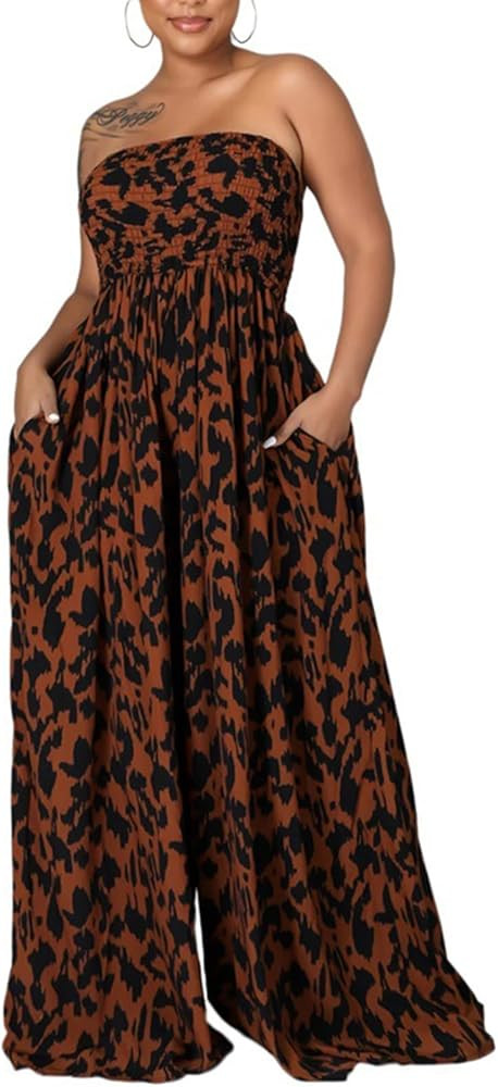 Women's Summer Boho Jumpsuits Strapless Tube Wide Leg Smocked Flowy Long Pants Rompers One Piece ... | Amazon (US)