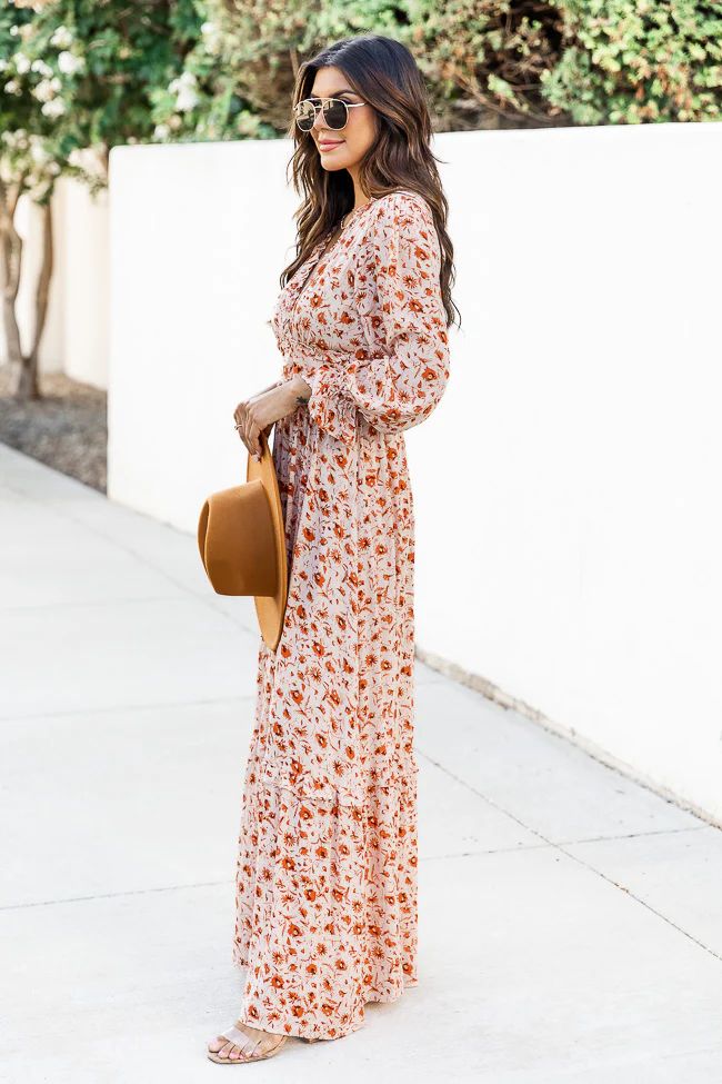 It's All A Dream Rust Floral Ruffle Trim  Maxi Dress | Pink Lily