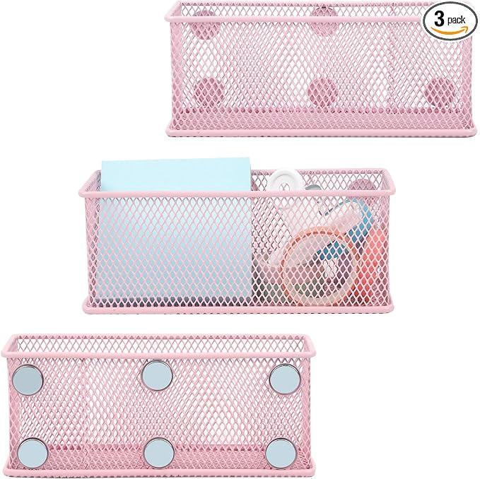 Magnetic Pencil Holder Set of 3 - Wire Mesh Storage Baskets Organizer with Strong Magnets - Perfe... | Amazon (US)