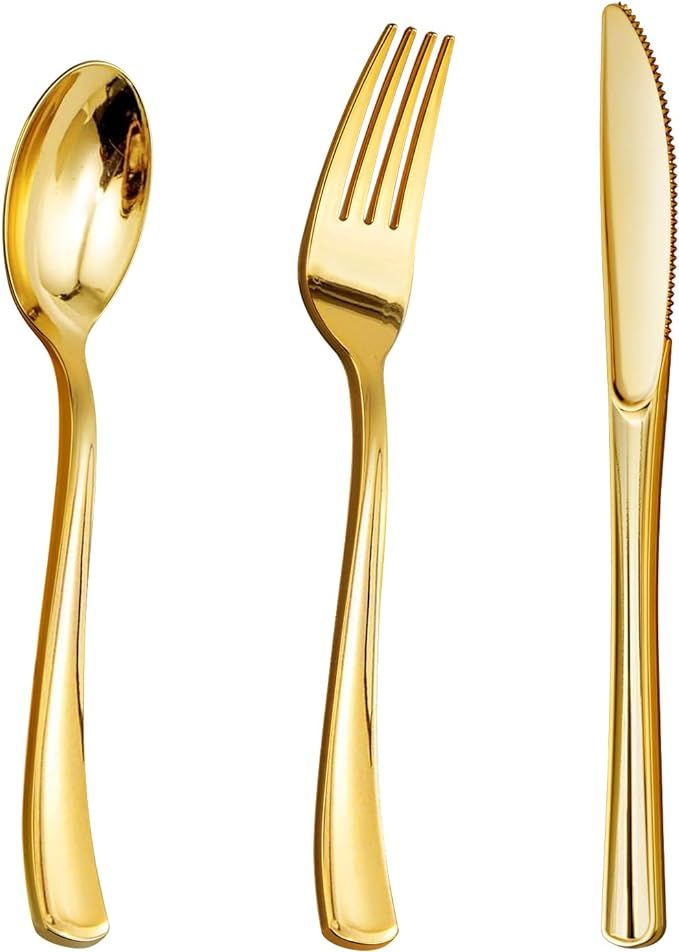 Goodluck 150 Gold Plastic Silverware, Gold Utensil Disposable, Plastic Cutlery Set of 50 Gold For... | Amazon (US)