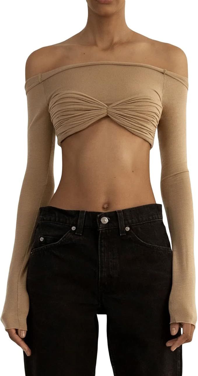 Women Off Shoulder Shirt Y2K Long Sleeve Slim Fit Top Tee Sexy Streetwear Blouse Tops | Amazon (US)
