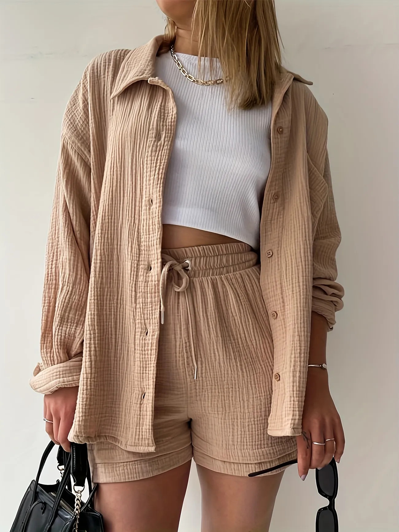 Women's Stylish Two-Piece Outfit: Solid Pocket Matching Long Sleeve Shirt & Drawstring Shorts for... | Temu Affiliate Program