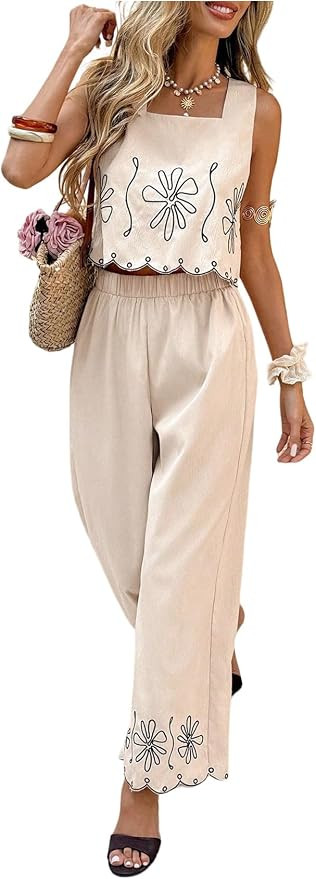 SHENHE Women's Summer Vacation Outfits 2 Piece Embroidered Crop Tank and Palazzo Pants Set       ... | Amazon (US)