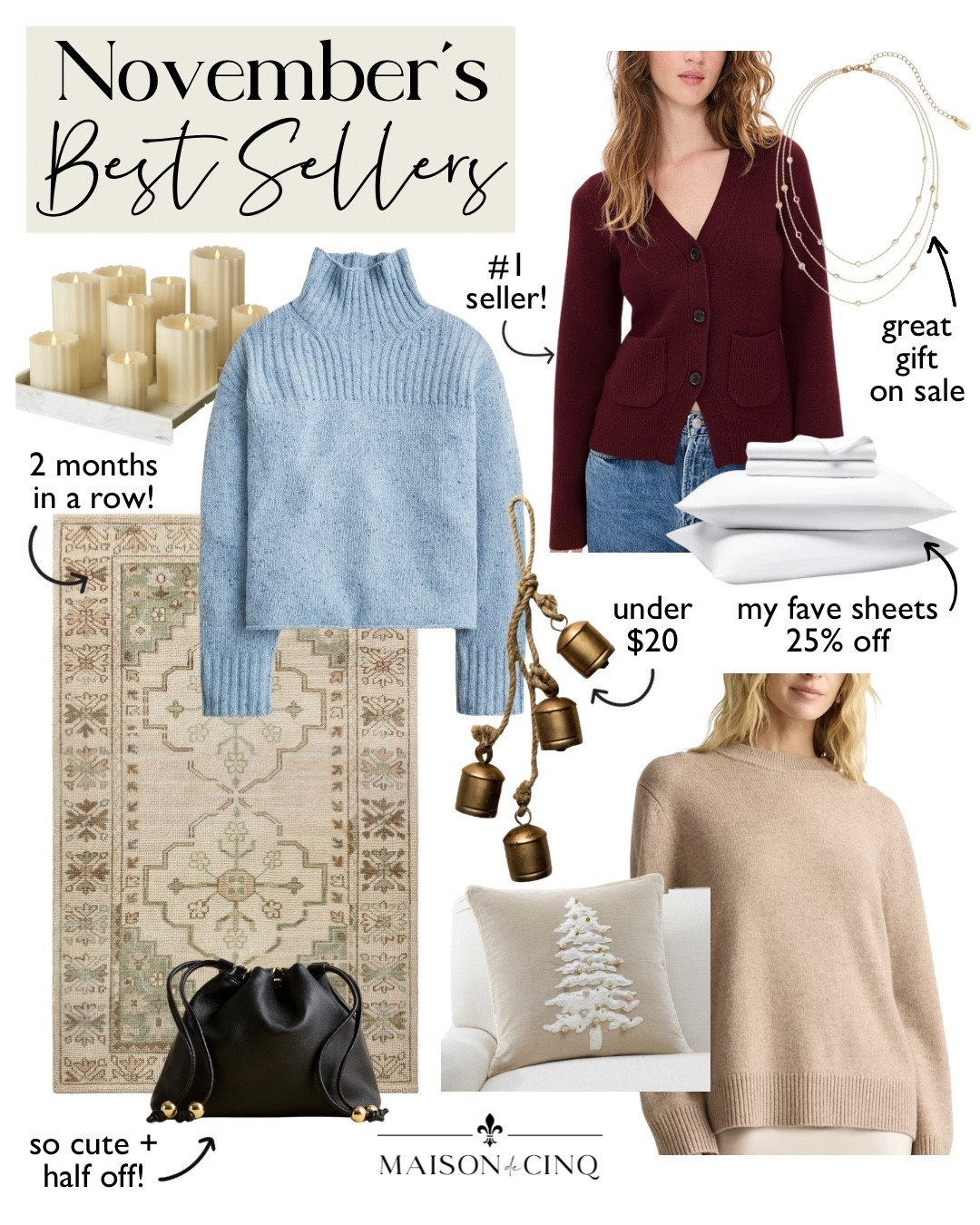 Last month’s best sellers - most on sale now!
Sweaters, area rug, Christmas decor, holiday decor, throw pillow, sheets, gift ideas, gifts for her, gifts for women 

#LTKCyberWeek #LTKHome #LTKGiftGuide