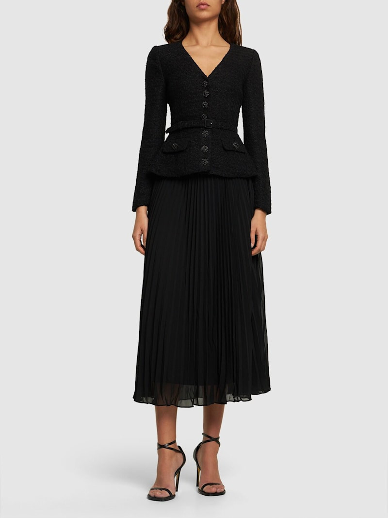 Pleated chiffon bouclé midi dress - Self-portrait - Women | Luisaviaroma | Luisaviaroma
