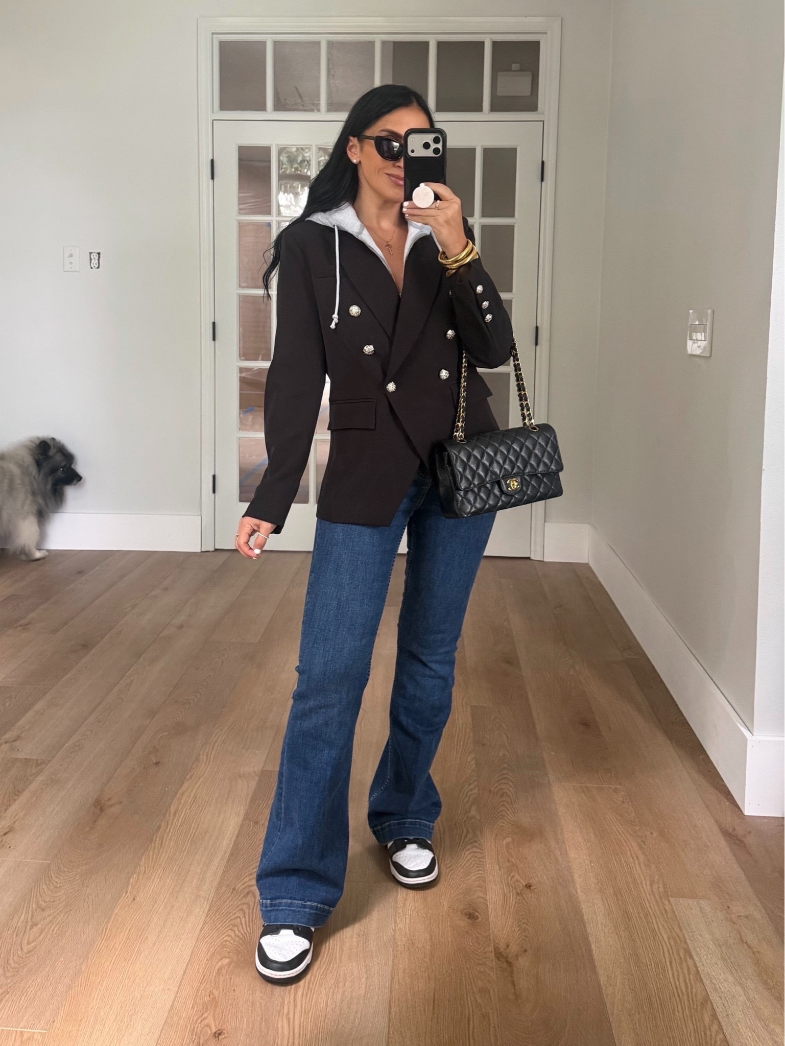 SPANXsculpt® ReDefine Flare Jeans wearing size medium. Classic Muse Hooded Blazer