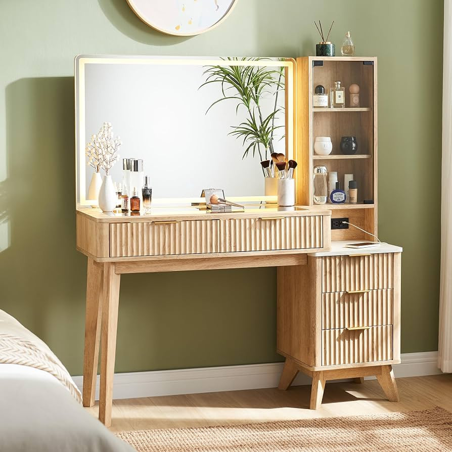 T4TREAM 48" Fluted Makeup Vanity Desk with 36" Lighted Mirror, Oak | Amazon (US)