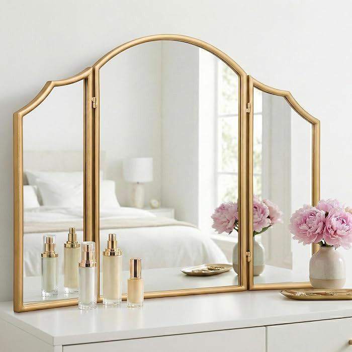 Gold Scalloped Vanity Mirror: 36"x24" Large Modern Three Sided Dresser Miror - Minimalist Wood Fr... | Amazon (US)