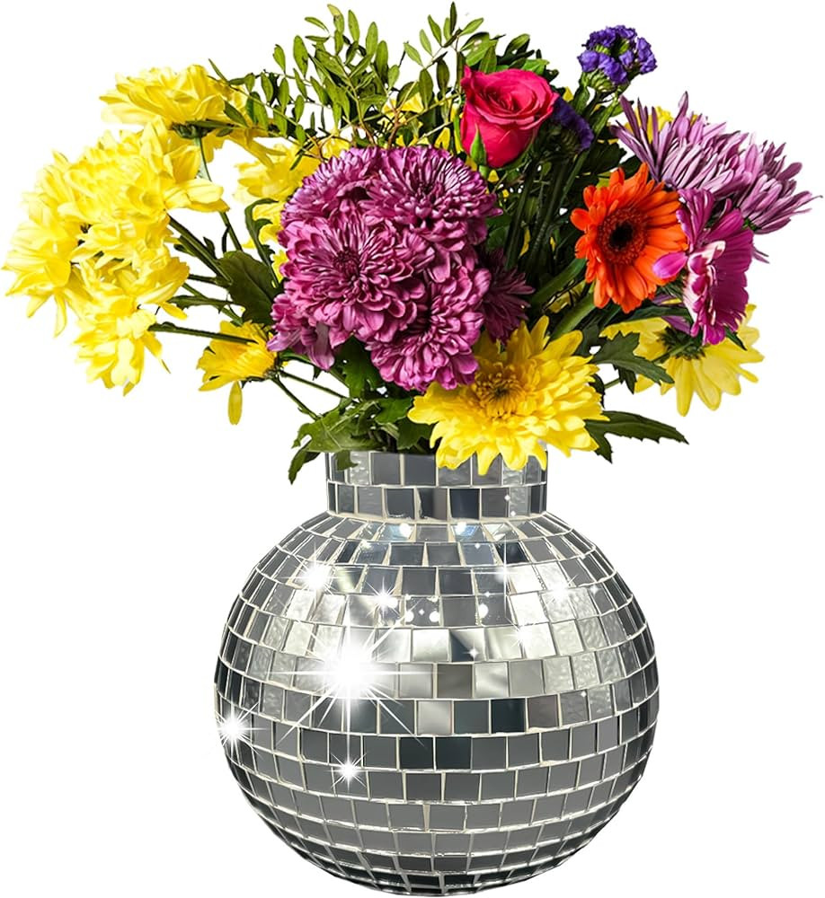 Disco Ball Planter | 7” Disco Ball Vase for Flowers & Plants | Handmade Silver Square Large Mir... | Amazon (US)