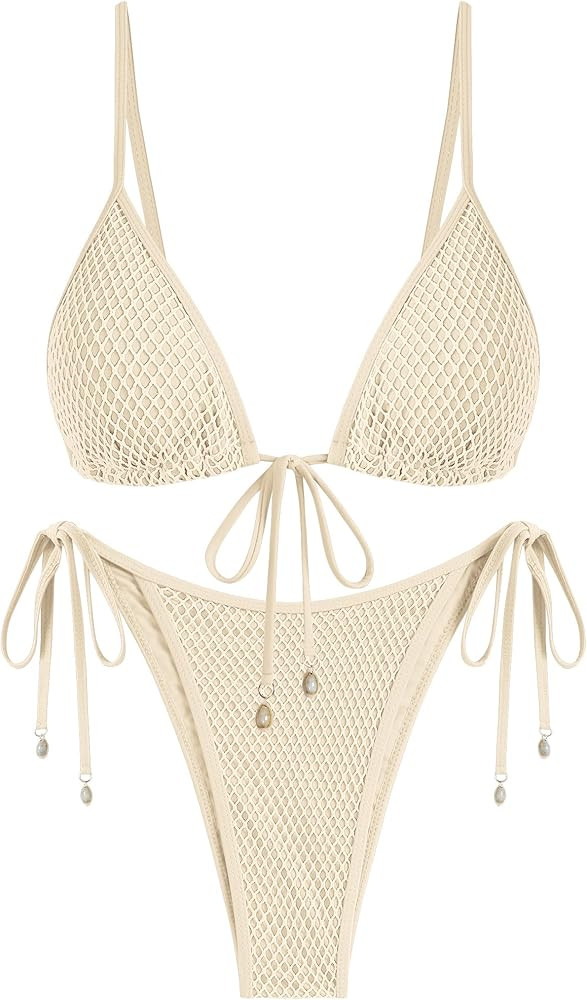 ZAFUL Women Triangle String Two Piece Bikini Fishnet Mesh Tie Shell Decor Tanga 2 Piece Swimsuit | Amazon (US)