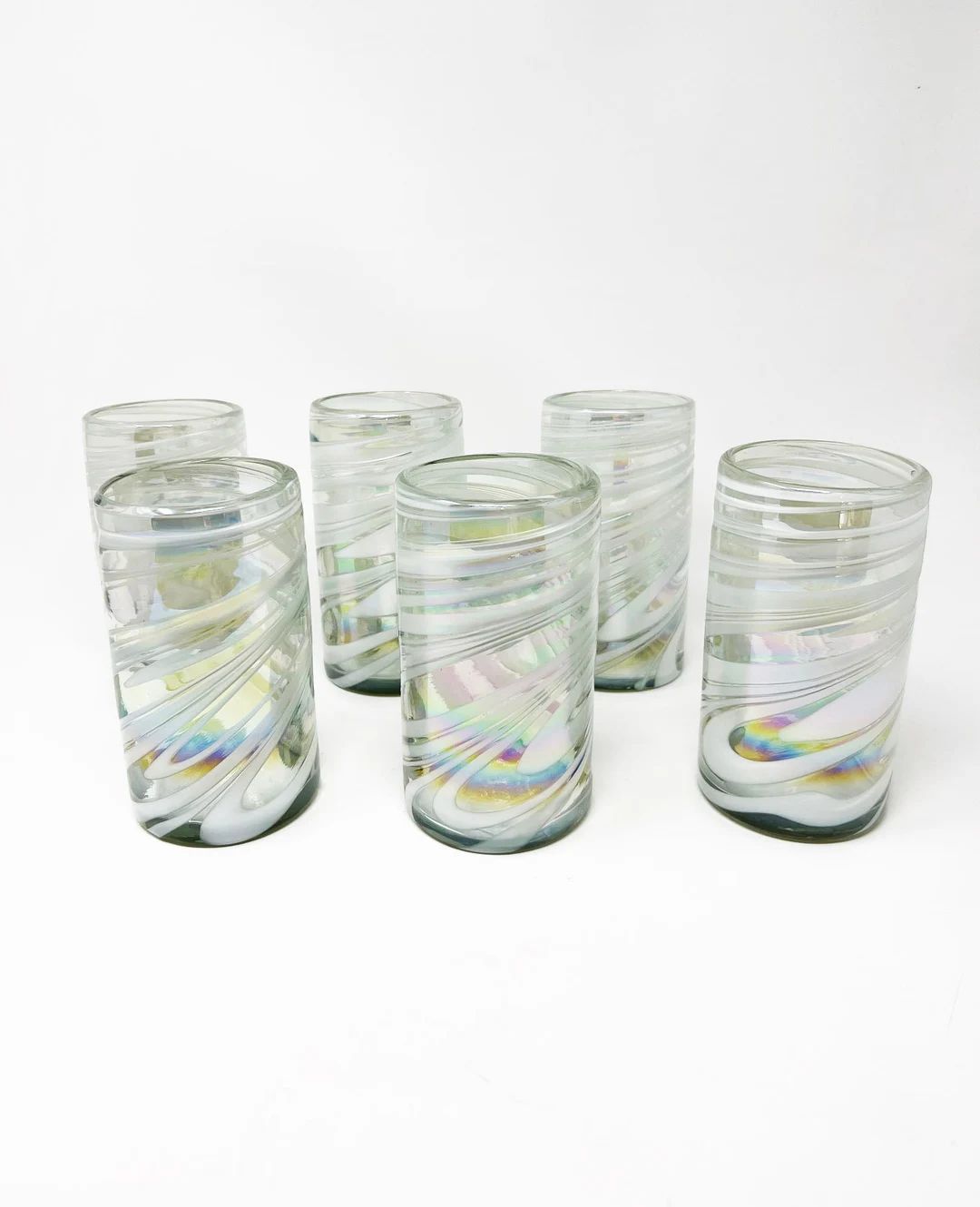 6 Hand Blown Water Glasses White Iridescent Swirl - Etsy | Etsy (US)