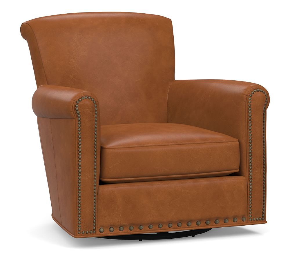 Irving Roll Arm Leather Swivel Armchair | Pottery Barn (US)