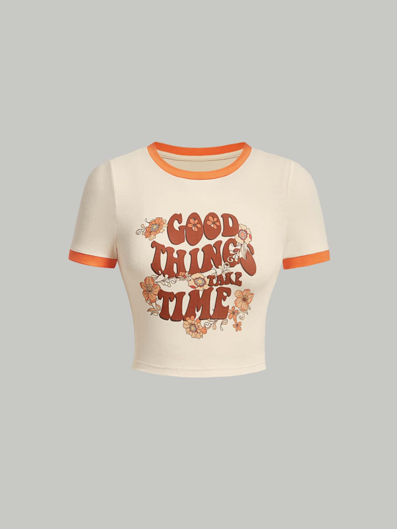 SHEIN MOD Slogan Graphic Contrast Binding Crop Tee GOOD THINGS TAKE TIME | SHEIN USA | SHEIN