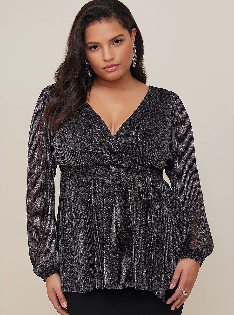 Knit Glitter Lurex Surplice Peplum Top | Torrid (US & Canada)