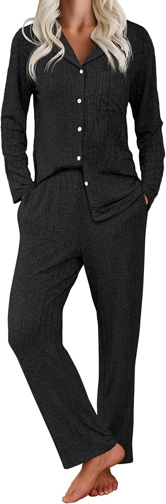 Ekouaer Womens Ribbed Knit Pajama Sets 2 Piece Lounge Set Long Sleeve Button Down Pjs Sleepwear S... | Amazon (US)