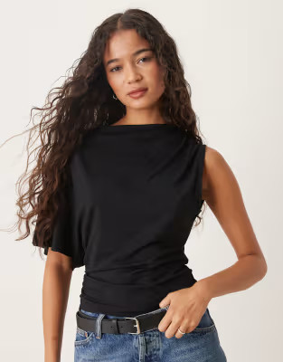 ASOS DESIGN cupro one shoulder cape top in charcoal | ASOS (Global)