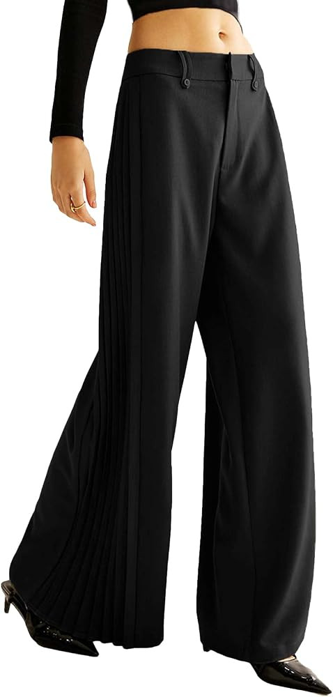 Ladyful Wide Leg Pleated Pant for Women Mid Waisted Casual Business Dressy Flowy Work Trouser | Amazon (US)